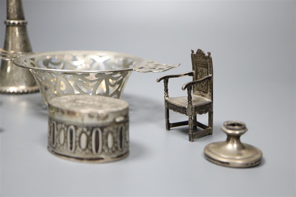 An Edwardian silver posy holder by George Unite & Sons, 14.6cm cup, silver dish, silver miniature chair, a dish, 2 boxes etc